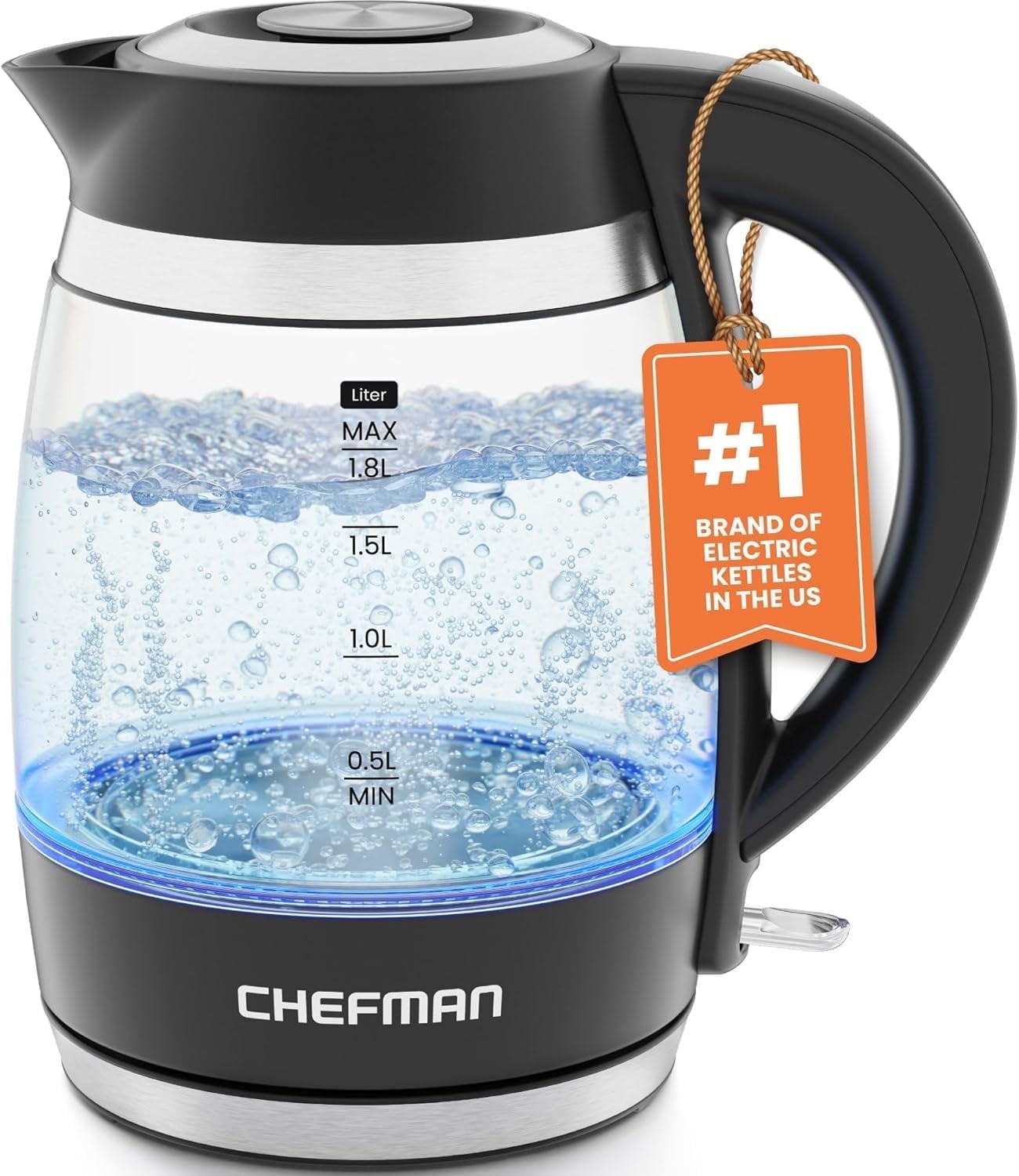 Chefman Rapid-Boil 1.8L Cordless Electric Kettle, Glass Boiler with LED Indicator Lights for Hot Water - Black