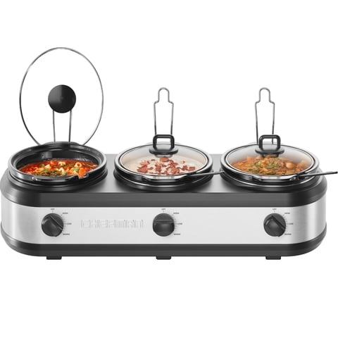 Chefman Triple Slow Cooker & Buffet Server, Three 2.5-Quart Inserts  Stainless Steel
