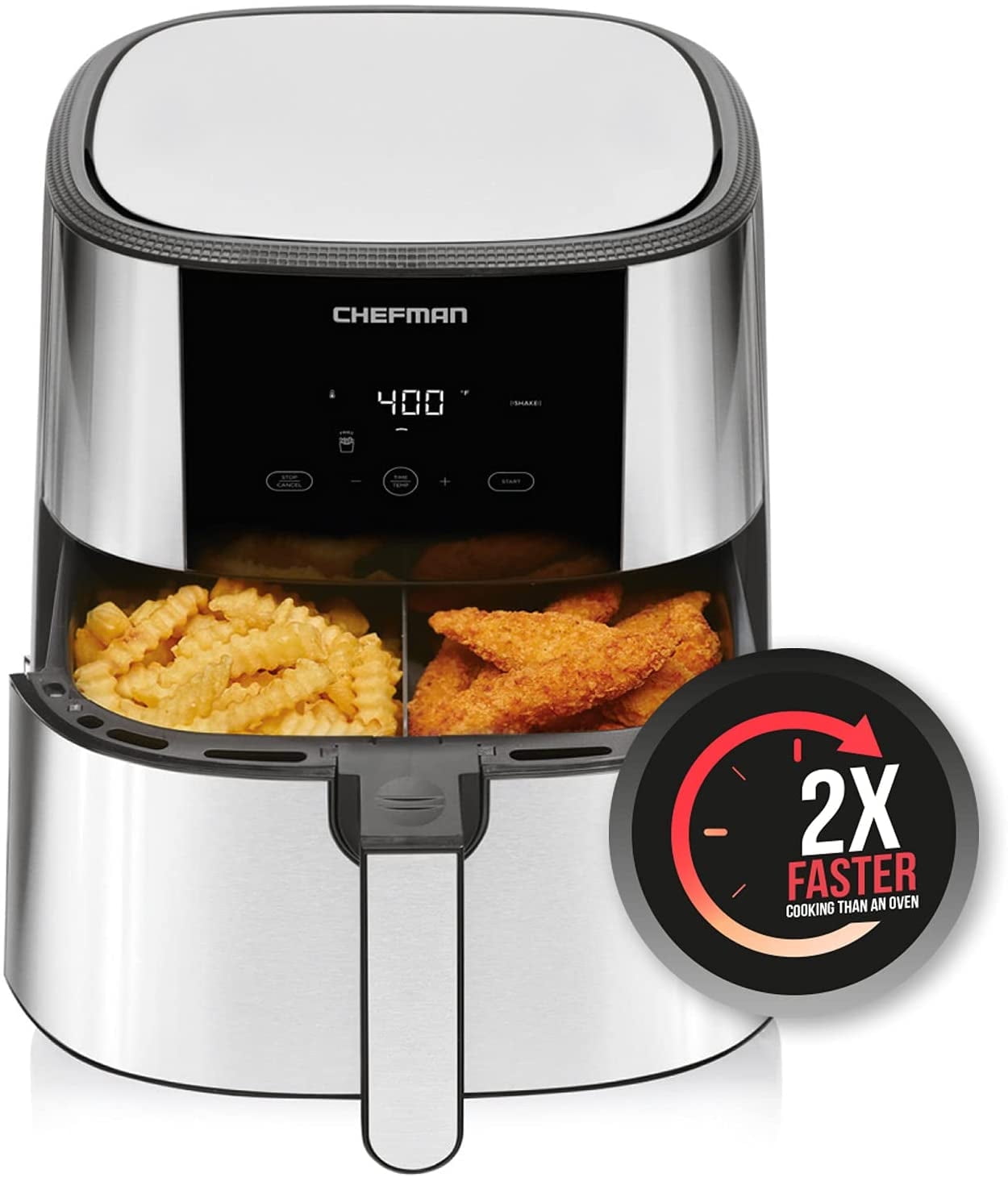 Chefman Turbofry Air Fryer with Basket Divider, 8 Qt Capacity - Stainless Steel, New