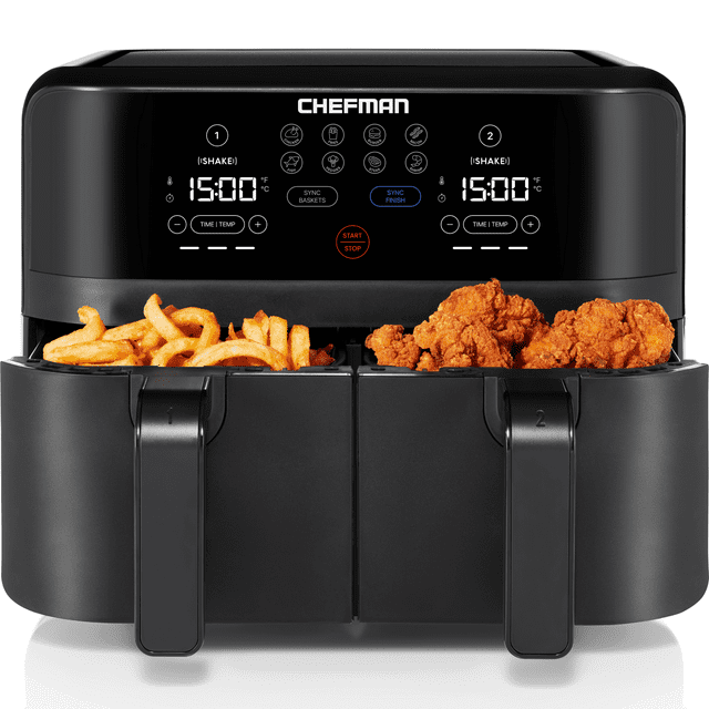Chefman Turbofry Dual Basket Air Fryer w/ Digital Touch Display, 9 Qt Capacity - Black, New