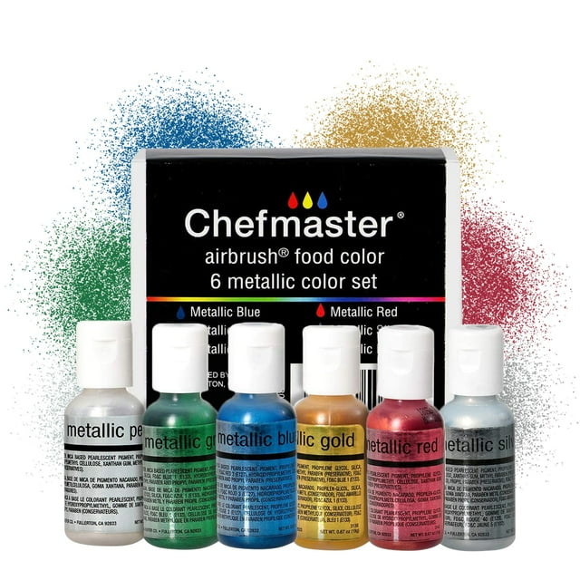 Chefmaster 6-Bottle SetUMRT&nbsp;of Metallic Airbrush Food Coloring, Rich Colors, Edible Glitter, Professional-Grade Dye for Icing, Frosting, Fondant, Chocolate, Made in USA, 0.67 oz Each