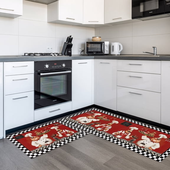 Chefs 2 Pieces Non-Slip Kitchen Mat Set, Food Coffee Cookies Steak Red Black Plaid Soft Door Mat with Rubber Backing, Dirtproof Rugs for Entrance Doorway, 15.7 x 47.2in