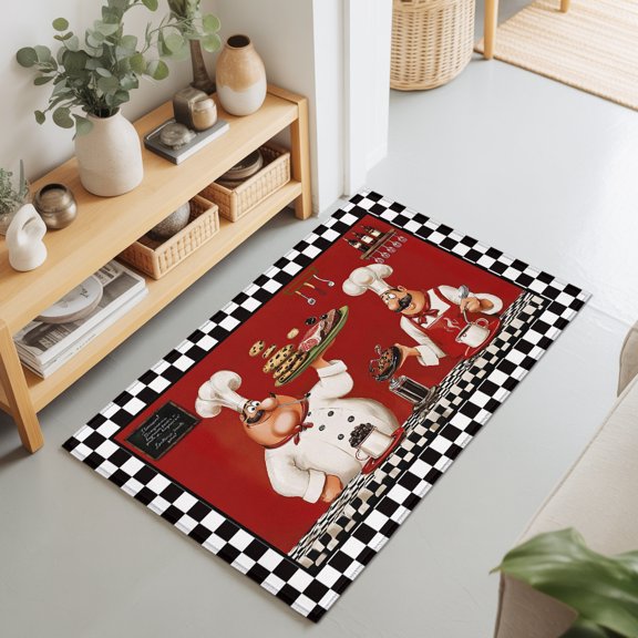 Chefs 2'x3' Rug for Entryway Front Door Kitchen Sink Area, Food Coffee Cookies Steak Red Black Plaid Low Pile Washable Non Slip Rectangle Area Rug