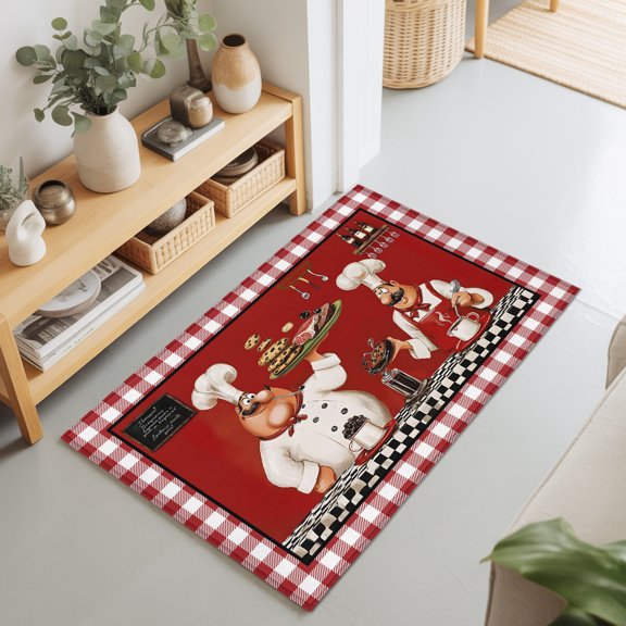 Chefs 2'x3' Rug for Entryway Front Door Kitchen Sink Area, Food Coffee Cookies Steak Red Plaid Low Pile Washable Non Slip Rectangle Area Rug