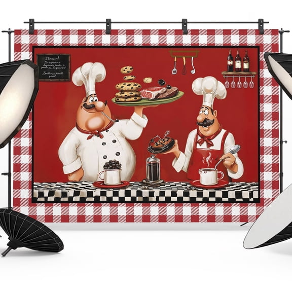 Chefs Backdrops for Photography, Food Coffee Cookies Steak Red Plaid Fabric Photo Background Sturdy Studio Props for Photo Studio, Video Recording, Booth & Photoshoot 12x8ft