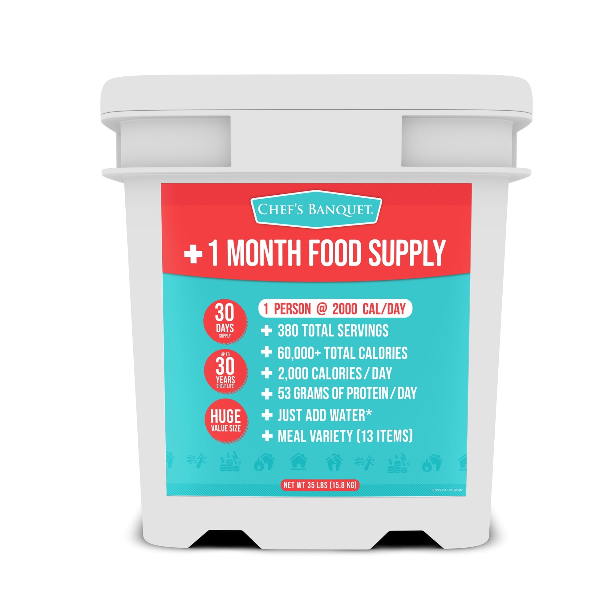 Chefs Banquet Colossal 1 Month (30 Day) Emergency Food Supply 10.5 Gallon Survival Food Kit - Food Net Dry Weight: 35 lb (15.8 kg)