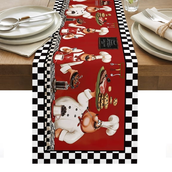 Chefs Cotton Linen Table Runner Food Coffee Cookies Steak Red Black Plaid Dining Table Runners for Home Decor Party Dining Room Restaurant Kitchen Party 13" x 120"