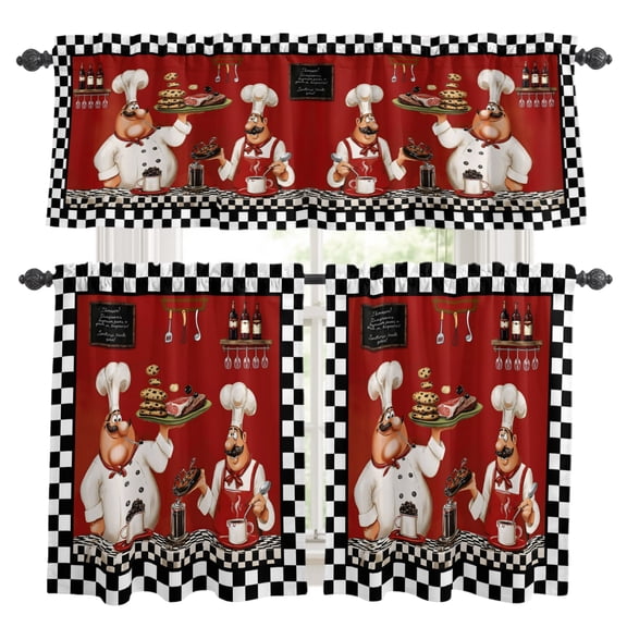 Chefs Kitchen Curtains Set for Windows, Food Coffee Cookies Steak Red Black Plaid Curtains Valance and Tier 3 Piece Set Small Drapes 24 Inch Length for Kitchen Bedroom Decor