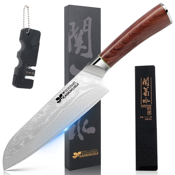 Chefs Knife Damascus Forged 7" Japanese VG-10 Super Steel 67 Layer Damascus Steel, Sharp Versatile, Red Sandalwood Handle, Luxury Gift Box, Scabbard, Sharpener