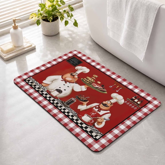 Chefs Non Slip Bathroom Mat, Food Coffee Cookies Steak Red Plaid Absorbent Bath Mat Rubber Backed Quick Dry Doormat Fit Under Door for Bathtub Shower Sink Kitchen 16"x24"