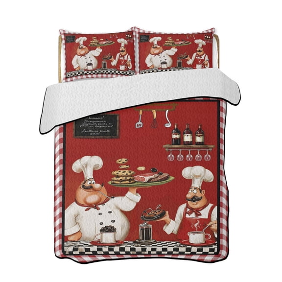 Chefs Quilts Bedding Set Queen Size Food Coffee Cookies Steak Red Plaid Lightweight Quilted Bedspread 3 Piece Bed Quilt with 2 Pillow Shams All Season for Bedroom 78" x 90"