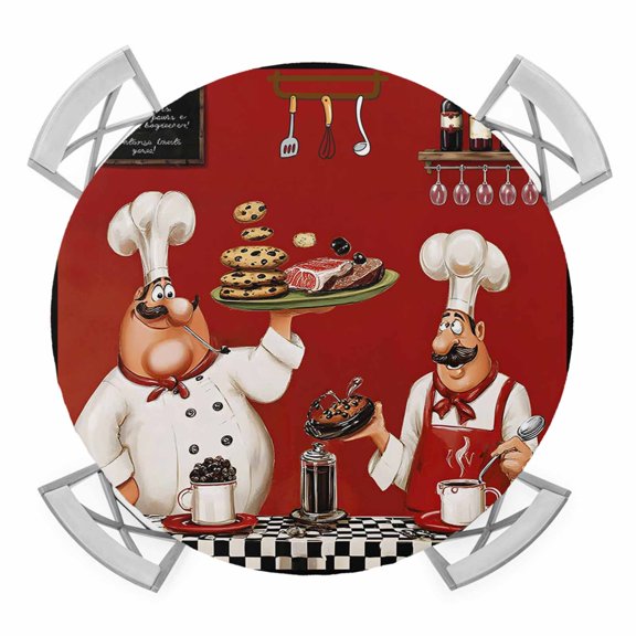 Chefs Round Table Cover, Food Coffee Cookies Steak Red Plaid Waterproof Fitted Tablecloths for 45"-54" Tables, Washable Picnic Table Cover for Camping Dining Indoor Outdoor