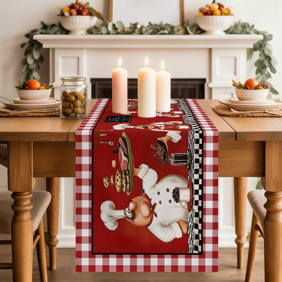 Chefs Table Runner 13x48 Inch Food Coffee Cookies Steak Red Plaid Cotton Linen Dining Table Runner Ideal for Dresser Kitchen Coffee Tables - Machine Washable