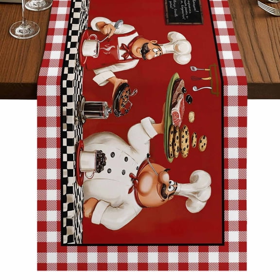 Chefs Table Runner 36 Inches Long, Food Coffee Cookies Steak Red Plaid Cotton Linen Dining Table Runner Dresser Scarves for Home Kitchen Party Decor 13"x36"