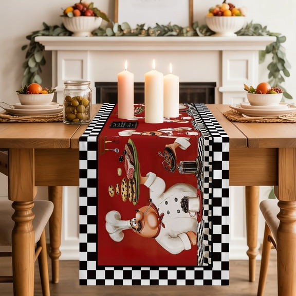 Chefs Table Runner, Food Coffee Cookies Steak Red Black Plaid Washable Cotton-linen Table Runners Dining Kitchen Decoration for Everyday Home Wedding Party Decor, 13 x 36 Inch