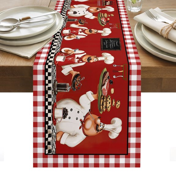 Chefs Table Runner, Food Coffee Cookies Steak Red Plaid Cotton Linen Table Cloth, Tablerunner for Kitchen Dining Party Wedding Home Decor 13x36 Inch