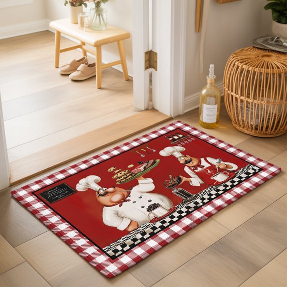 Chefs Washable Small Entryway Area Rugs 2'x3', Food Coffee Cookies Steak Red Plaid Washable Throw Rug Non-Slip Sturdy Edge Binding Carpet for Front Door Floor Room Entry