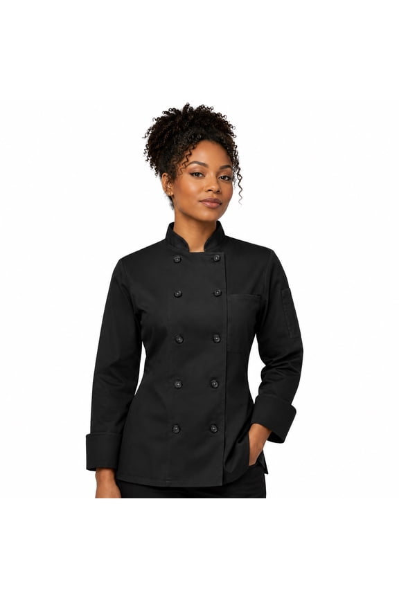 Ladies Long Sleeve 10 Button Chef Coat, Black, Size M