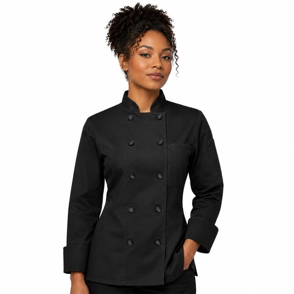 ChefsCloset Ladies Long Sleeve 10 Button Chef Coat, Black, Size XS