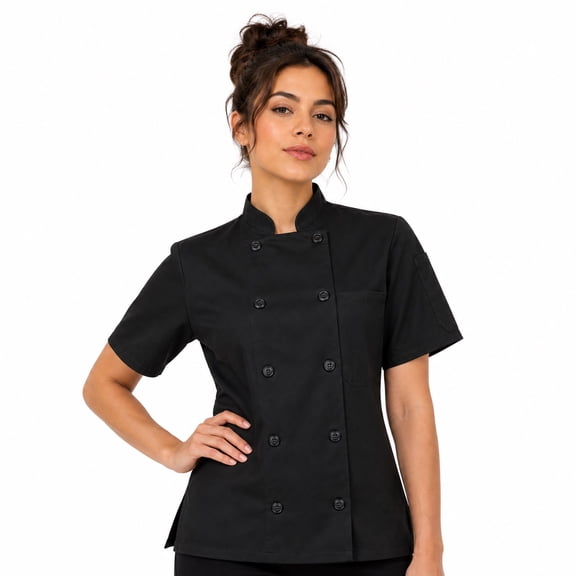 ChefsCloset Ladies Short Sleeve 10 Button Chef Coat, Black, Size XS