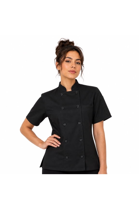Ladies Short Sleeve 10 Button Chef Coat, Black, Size XS