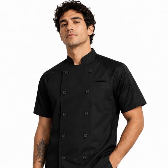 ChefsCloset Men's Short Sleeve Walden Chef Coat, Black/Black, Size XS