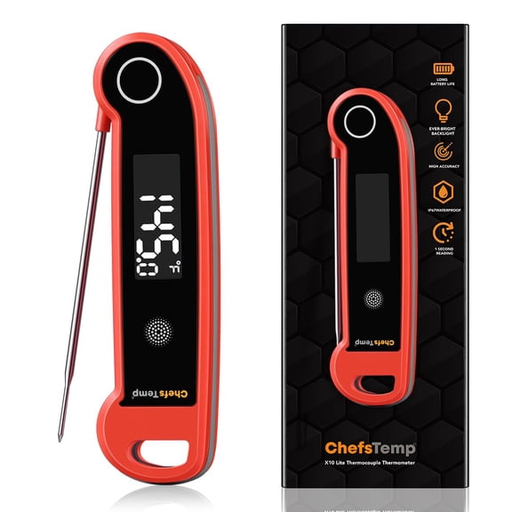 ChefsTemp Digital Instant Read Meat Thermometer, NSF Certified IP67 Waterproof Digital Food Thermometerwith Ambidextrous Backlit for Grilling, Food, BBQ, Kitchen Cooking, Oil Deep Frying & Candy (Red