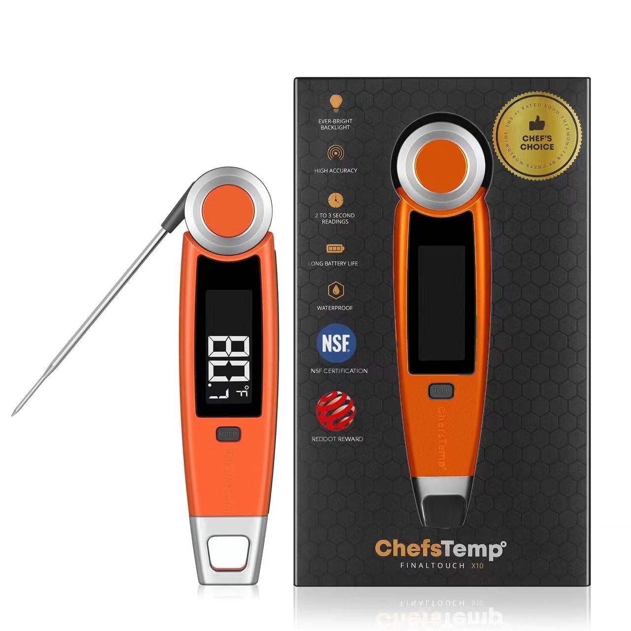 ChefsTemp Finaltouch X10 Digital Instant Read Meat Thermometer for Grilling, Food, BBQ, Kitchen Cooking, Oil Deep Frying & Candy(Orange)