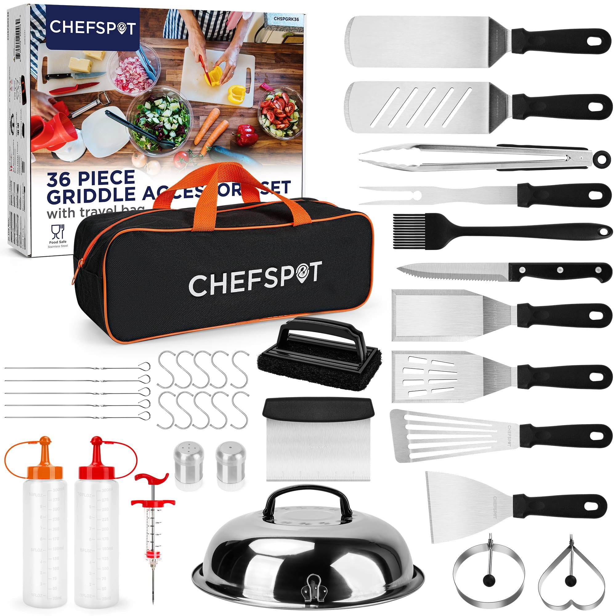 Chefspot 36pc Griddle Accessories Kit - Flat Top Grill Hibachi Spatula Set For Weber And Blackstone Griddles  Breakfast Tools Basting Cover Cleaning Brush Outdoor Bbq