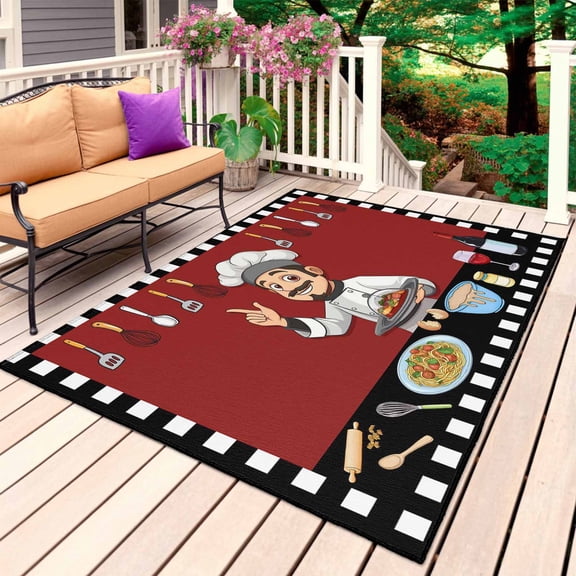 Cheg Red Outdoor Rug for Patio/Deck/Porch, Non-Slip Large Area Rug 4 x 6 Ft, Black White Check Buffalo Plaid Grid Lattice Indoor Outdoor Rugs Washable Area Rugs, Reversible Camping Rug Carpet Runner
