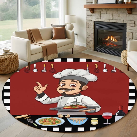 Cheg Red Round Area Rug 5 FT, Non Slip Bedroom Area Rug, Black White Check Buffalo Plaid Grid Lattice Washable Circular Carpet Non-Shedding Floor Mat for Kitchen Dining Room Foyer Balcony Dorm