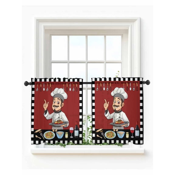 Cheg Red Tier Curtains 24 Inch Length,Sheer Curtains for Bedroom Living Room Window Black White Check Buffalo Plaid Grid Lattice Voile Drapes Kitchen Curtains Small Half Window 27.5"x24" 2 Panels