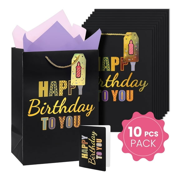 Cheinxy 10 Pcs 7"/11"/13" Happy Birthday Gift Bag with Tissue Paper and Greeting Card for Birthday Party,Birthday Gift Bag Set for Men Women Boys Girls