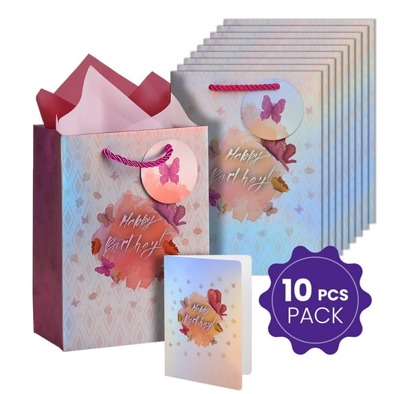 Cheinxy 10 Pcs 7"/11"/13" Happy Birthday Gift Bag with Tissue Paper and Greeting Card for Birthday Party,Birthday Gift Bag Set for Men Women Boys Girls