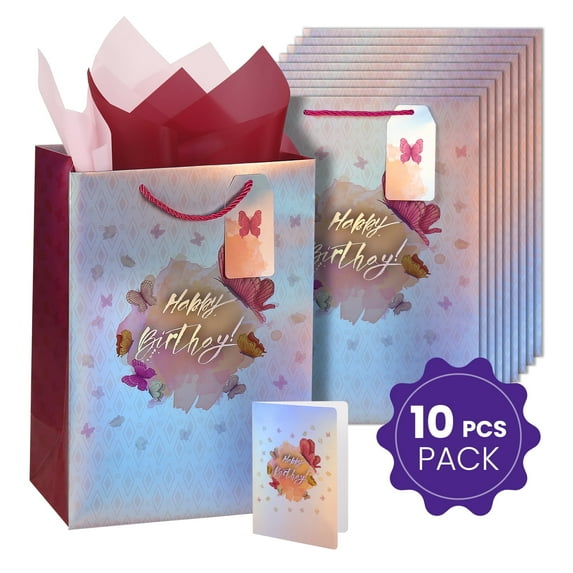 Cheinxy 10 Pcs 7"/11"/13" Happy Birthday Gift Bag with Tissue Paper and Greeting Card for Birthday Party,Birthday Gift Bag Set for Men Women Boys Girls