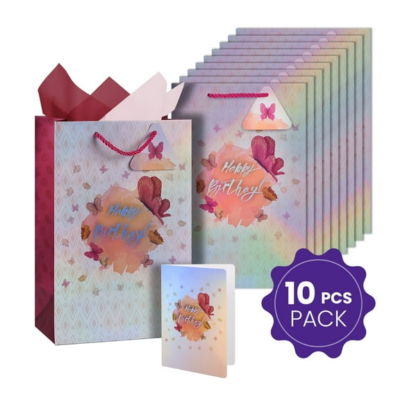 Cheinxy 10 Pcs 7"/11"/13" Happy Birthday Gift Bag with Tissue Paper and Greeting Card for Birthday Party,Birthday Gift Bag Set for Men Women Boys Girls