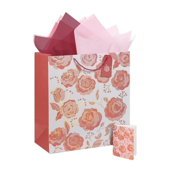 Cheinxy 16.9" Extra Large Red Rose Flowers Gift Bags Set with Greeting Card and Tissue Paper for Birthday,Weddings,Mothers Day & Valentine's Day