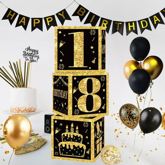 Cheinxy 18th Birthday Decorations Boxes With Birthday Banner for Men or Boy- 4PCS Black Gold Time To Adult 18th Birthday Balloons Boxes,18 Year Old Party Supplies for Men Boy