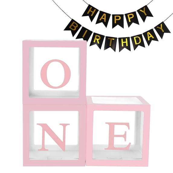 Cheinxy 1st Birthday 'ONE' Decorations Boxes for Boys Girls - Clear Cube Blocks 'ONE' Letters for Cake Smash Photoshoot Props & Backdrop(Pink)