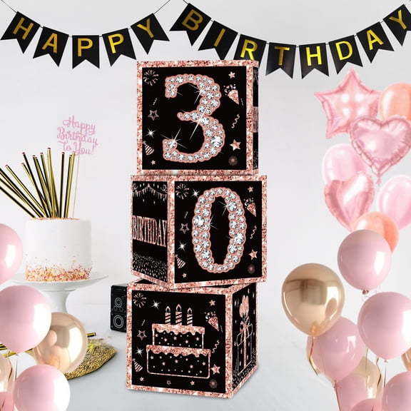Cheinxy 30th Birthday Party Decorations Boxes With Birthday Banner for Women- 4PCS Rose Gold Happy 30th Birthday Balloons Boxes,30 Year Old Party Supplies for Women