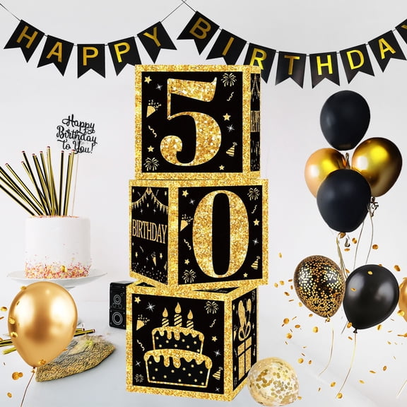 Cheinxy 50th Birthday Decorations Boxes With Birthday Banner for Men - 4PCS Black Gold Happy 30th Birthday Balloons Boxes,50 Year Old Party Supplies for Men Women