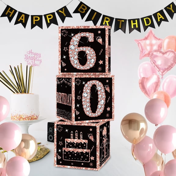 Cheinxy 60th Birthday Party Decorations Boxes With Birthday Banner for Women- 4PCS Rose Gold Happy 60th Birthday Balloons Boxes,60 Year Old Party Supplies for Women