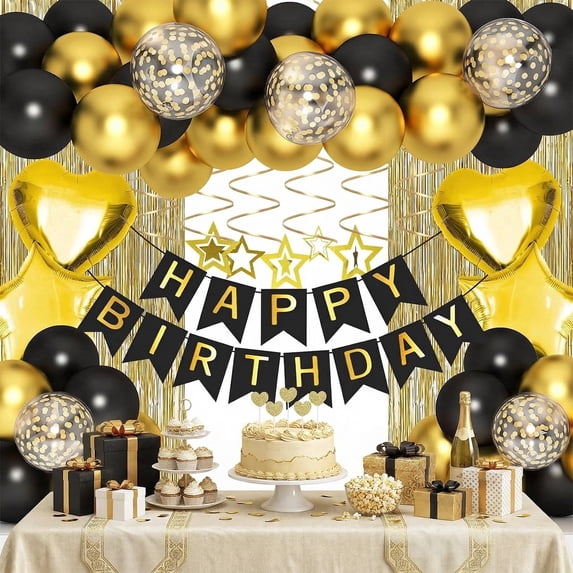 Cheinxy 64Pcs Birthday Party Decoration Kits, Birthday Party Supplies Set for Boys Girls Man and Women(Black Gold)