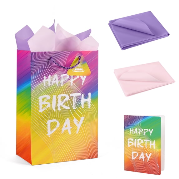 Cheinxy 7"/11"/13" Happy Birthday Gift Bag with Tissue Paper and Greeting Card for Birthday Party,Birthday Gift Bag Set for Men Women Boys Girls