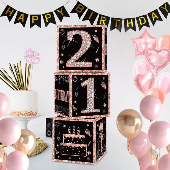 Cheinxy Sweet 21st Birthday Party Decorations Boxes With Birthday Banner for Girls- 4PCS Rose Gold Happy 21st Birthday Balloons Boxes,21 Year Old Party Supplies for Girls