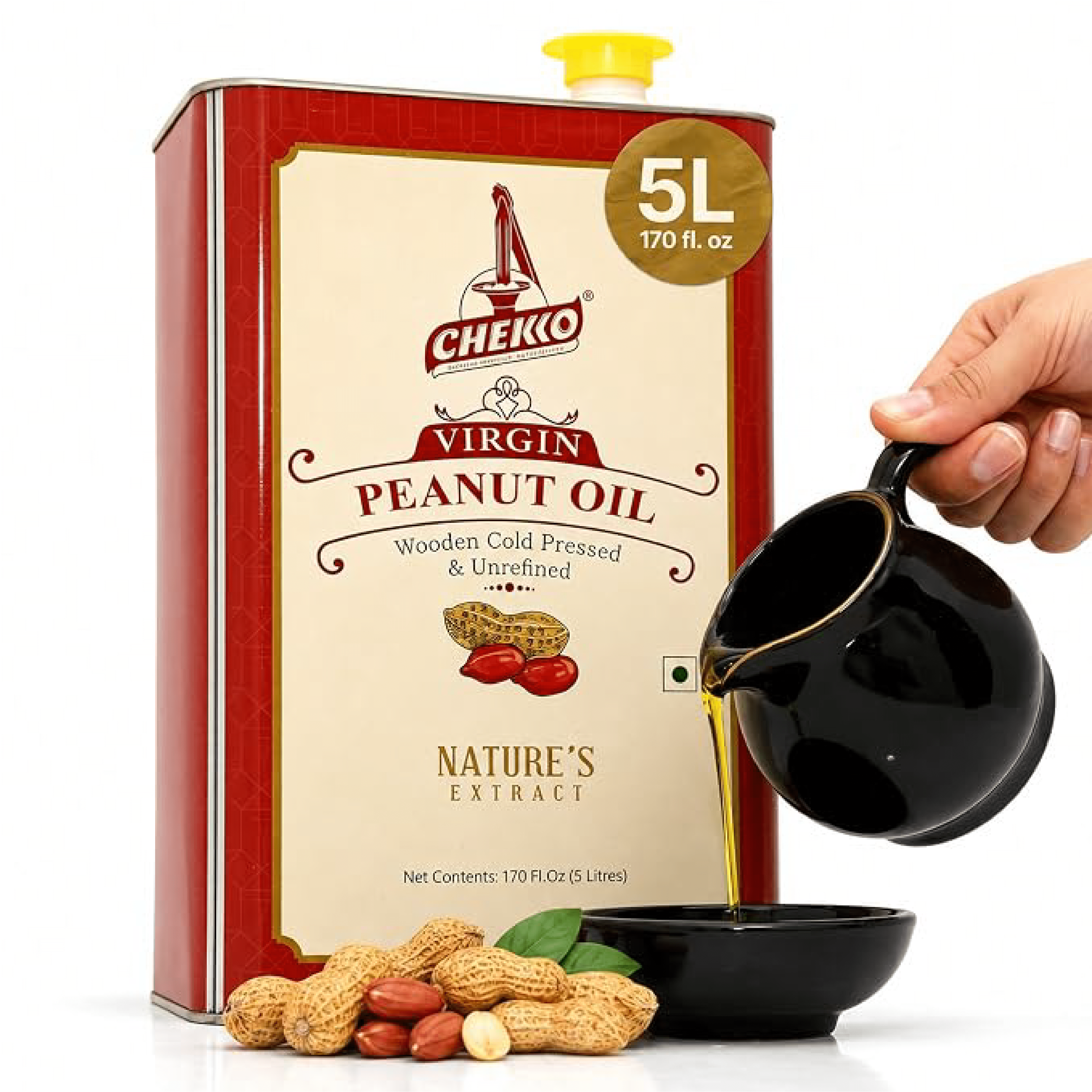 Chekko Cold Pressed Peanut Oil | 100% Natural & Pure (5L - 169 oz) for Cooking