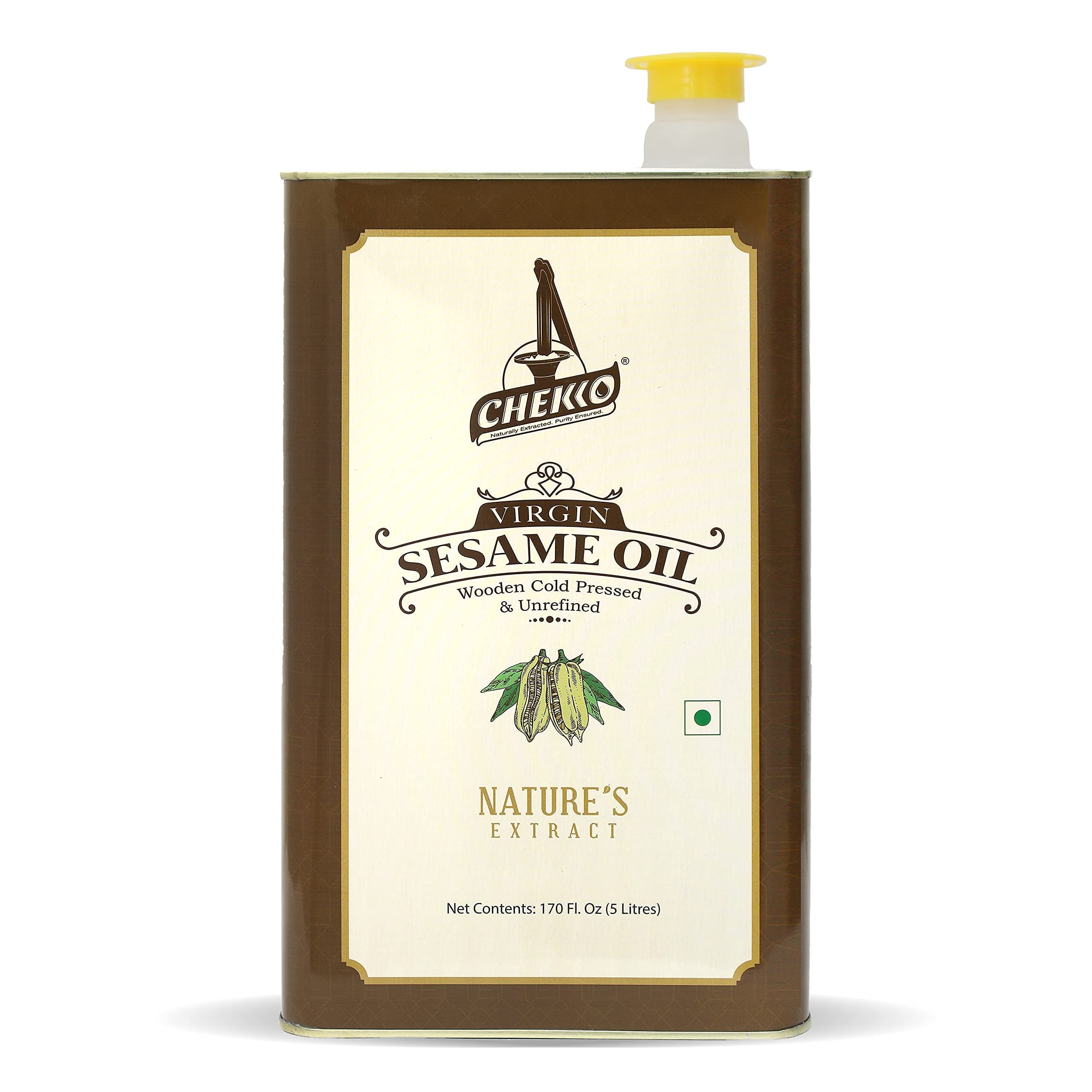 Chekko Cold Pressed VirginSesame (Gingelly) Oil | 100% Natural, Pure & Wood Pressed (5L) for Cooking, Haircare, Seasoning, Oil Massage and Oil Pulling