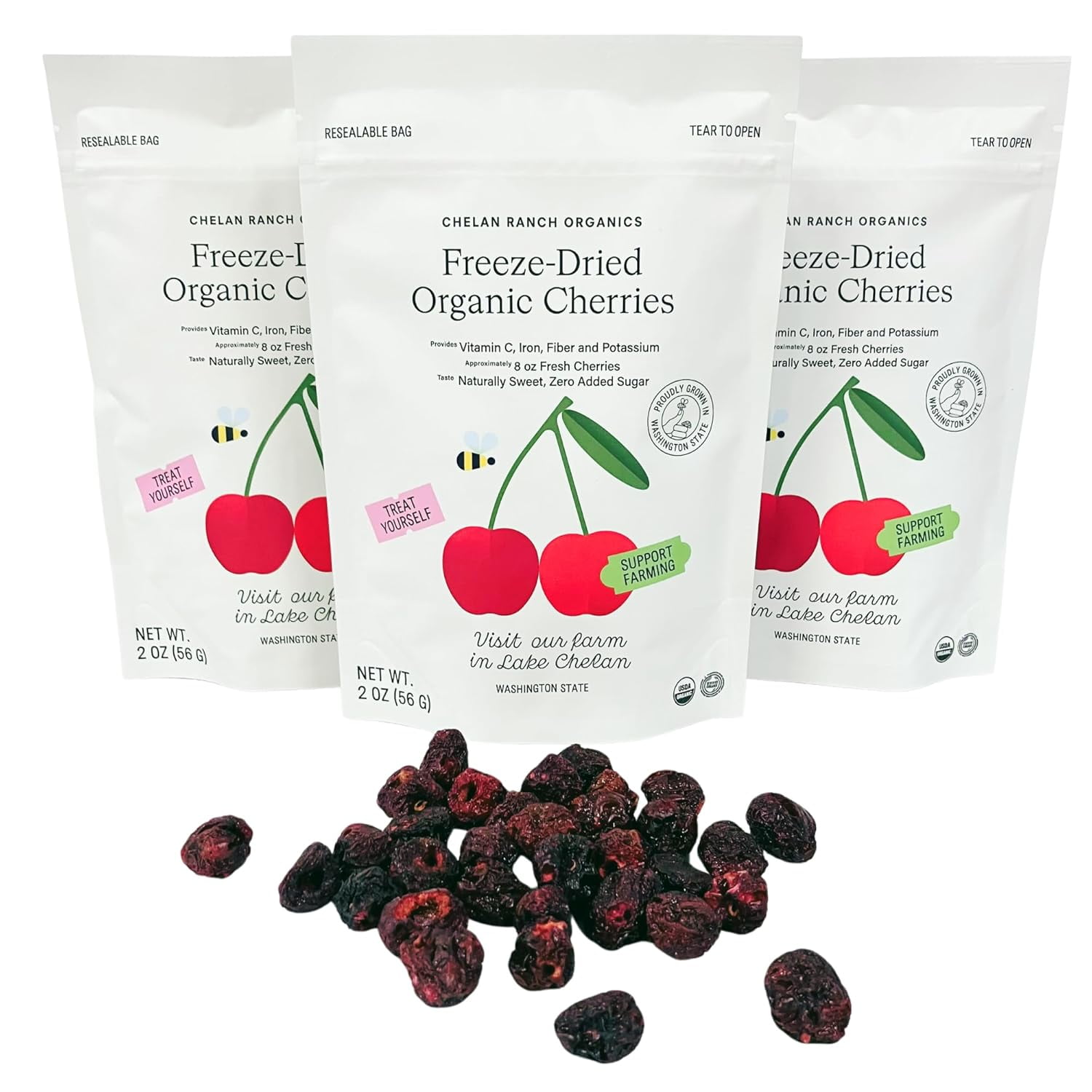 Chelan Ranch Organics Freeze-Dried Organic Cherries, Non-GMO & Vegan, 2 Ounce Bag (3-Pack)