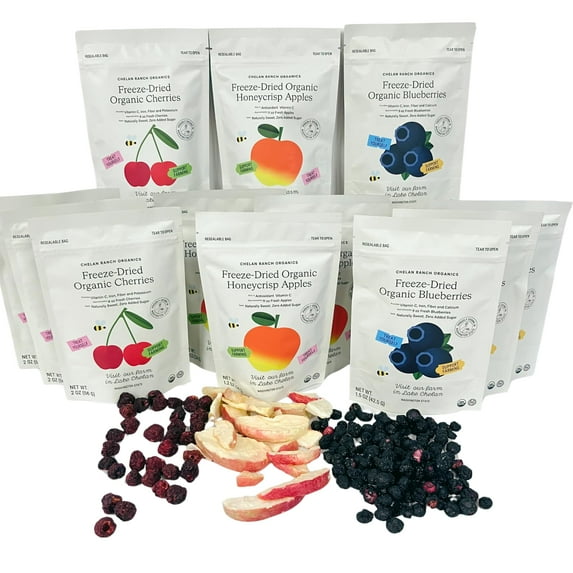 Chelan Ranch Organics Freeze-Dried Organic Fruit Variety Pack, Cherries, Honeycrisp Apples, Blueberries, Zero Added Sugar, Non-GMO & Vegan, Net Wt 18.8 Ounce (12-Pack)