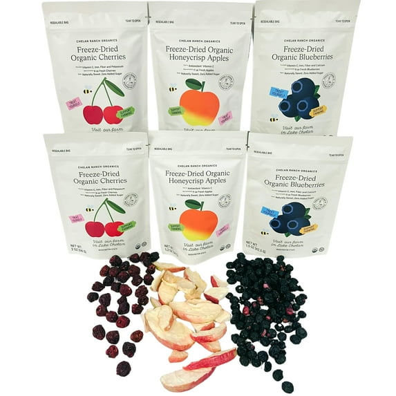 Chelan Ranch Organics Freeze-Dried Organic Fruit Variety Pack, Cherries, Honeycrisp Apples, Blueberries, Zero Added Sugar, Non-GMO & Vegan, Net Wt 9.4 Ounce (6-Pack)